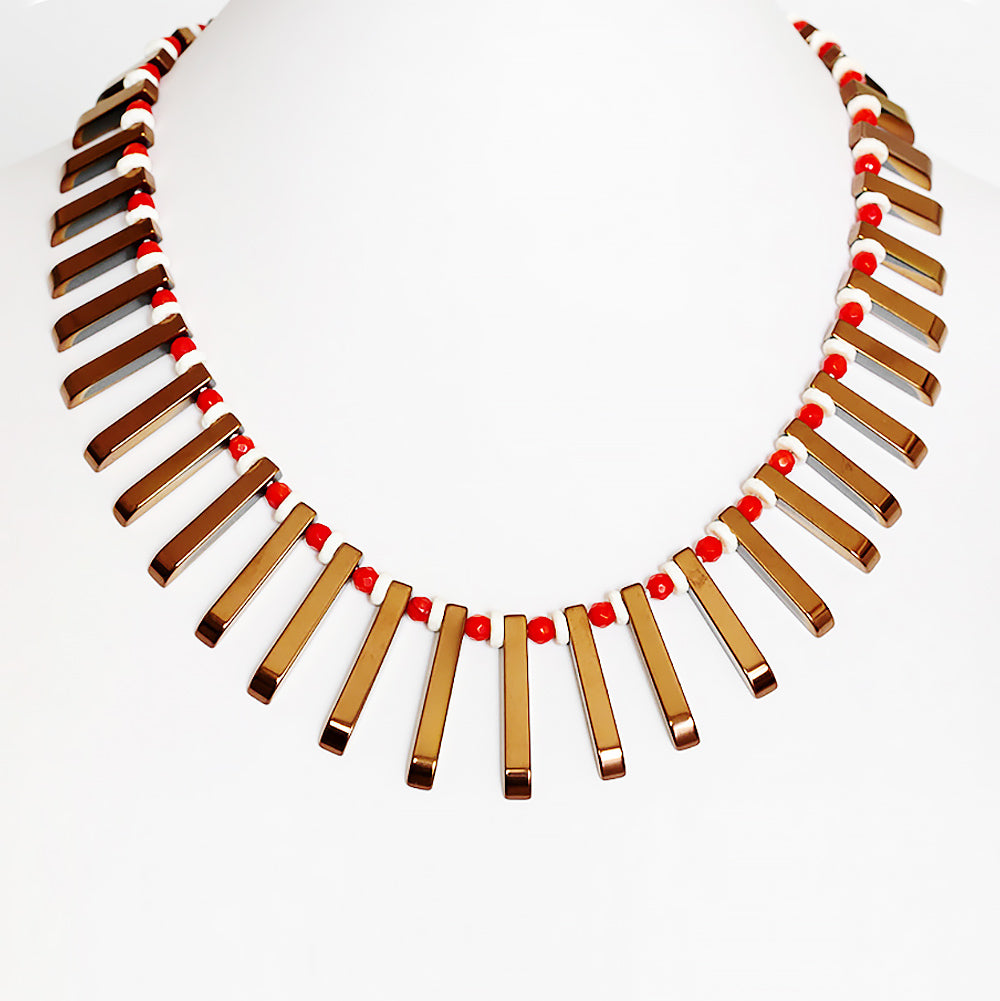 Coral, Ostrich shell and Hematite Necklace - Victoria's Jewellery