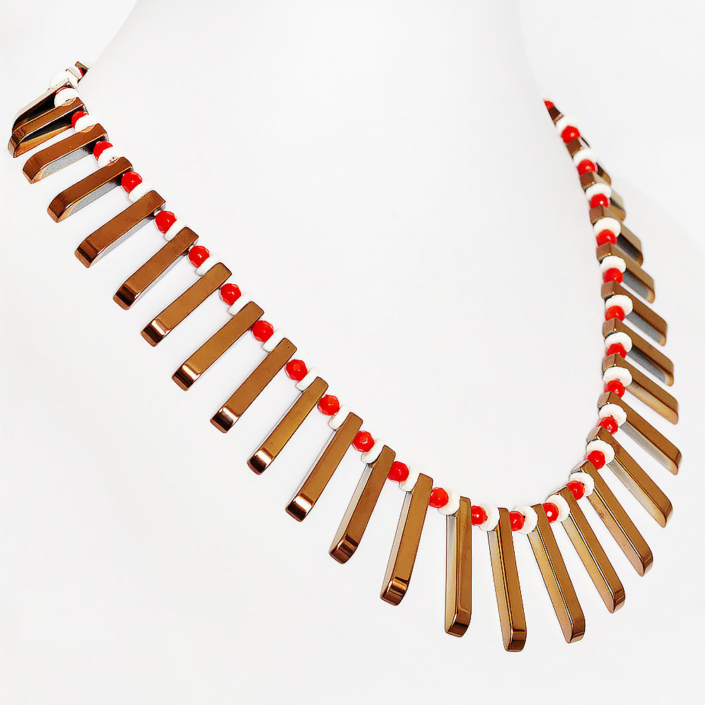 Coral, Ostrich shell and Hematite Necklace - Victoria's Jewellery