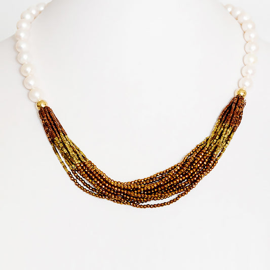 White Fresh Water Pearl and Gold Pyrite Necklace - Victoria's Jewellery