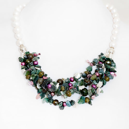 White Fresh Water Pearl, Labradorite and Jasper Necklace - Victoria's Jewellery