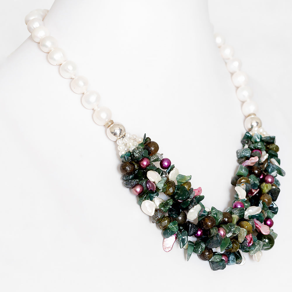 White Fresh Water Pearl, Labradorite and Jasper Necklace - Victoria's Jewellery