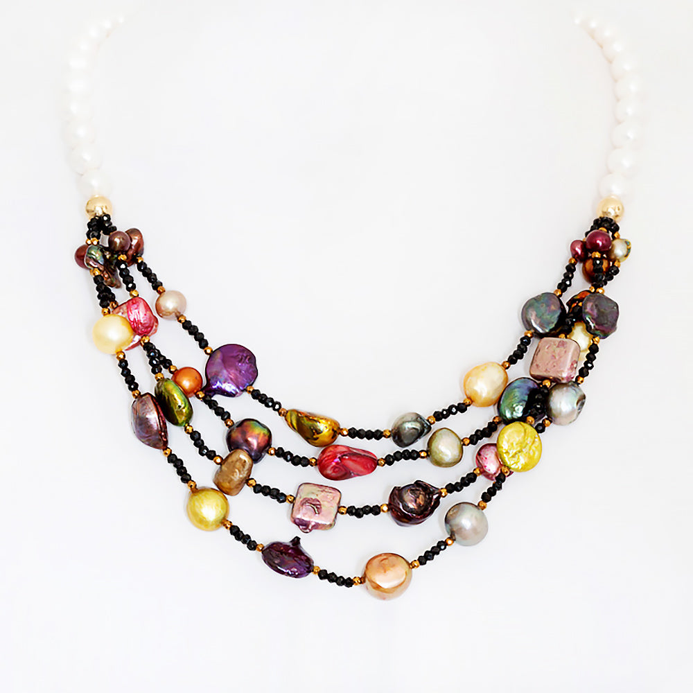 White Fresh Water Pearl, Onyx and Multi-Colour Biwa Pearl Necklace - Victoria's Jewellery