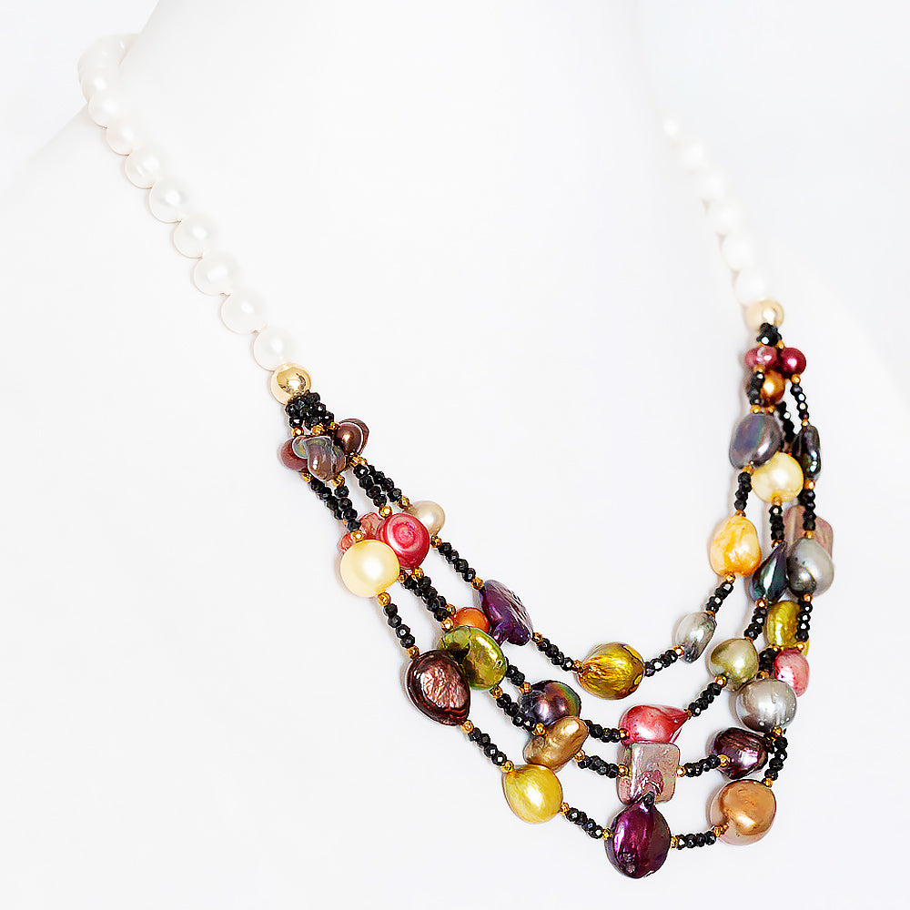 White Fresh Water Pearl, Onyx and Multi-Colour Biwa Pearl Necklace - Victoria's Jewellery