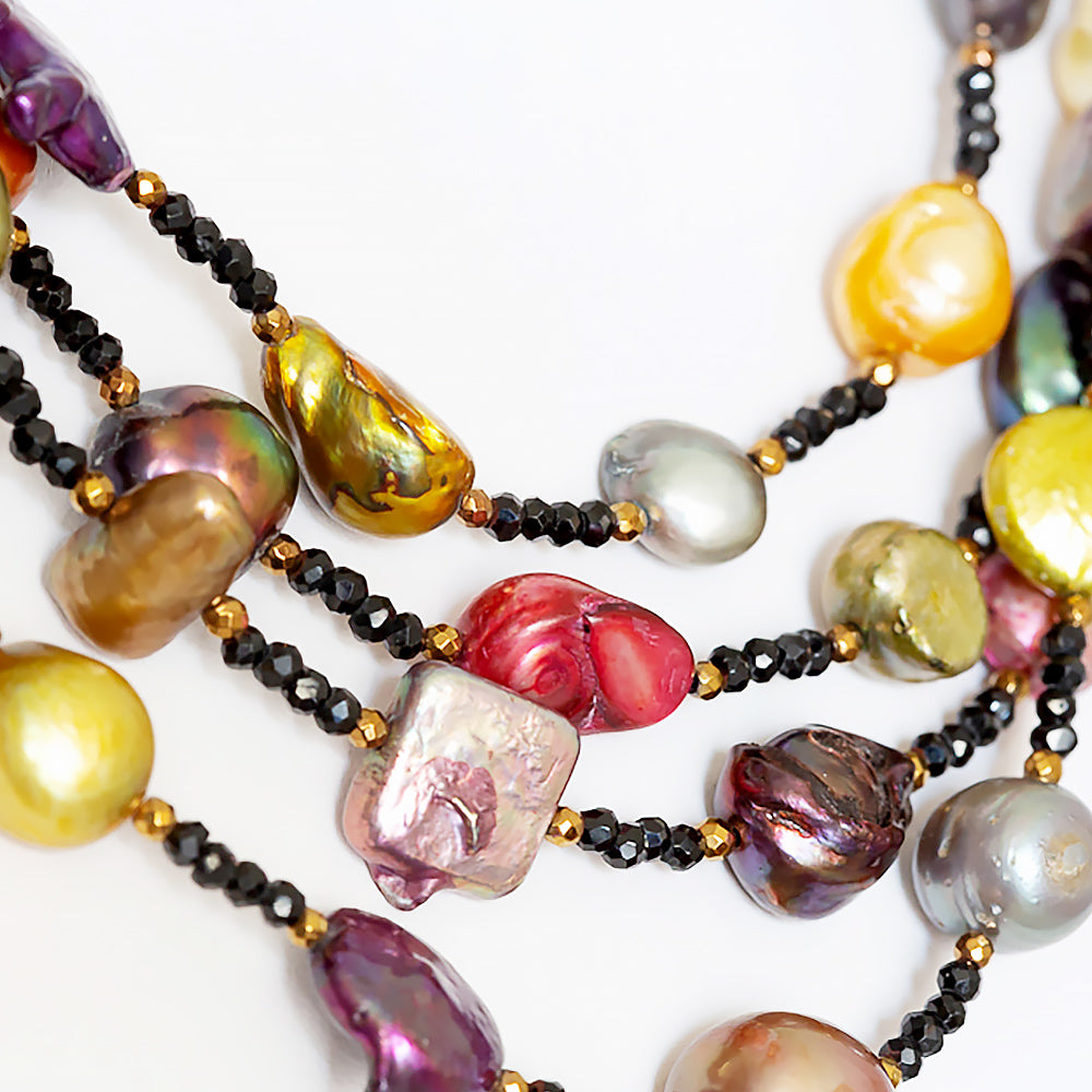 White Fresh Water Pearl, Onyx and Multi-Colour Biwa Pearl Necklace - Victoria's Jewellery