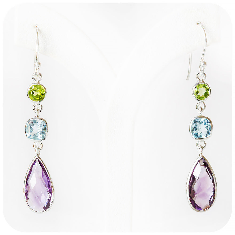 Peridot, Topaz and Amethyst Drop Earrings