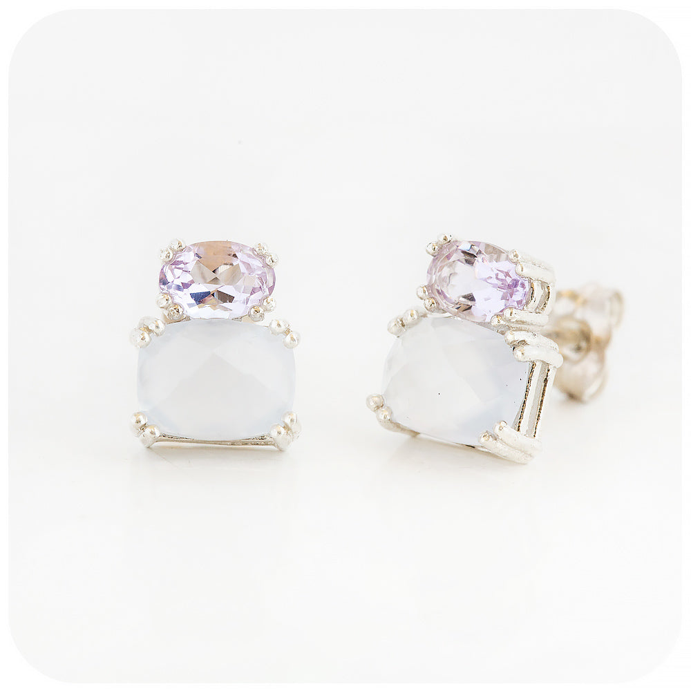 pink amethyst and chalcedony stud earrings in sterling silver