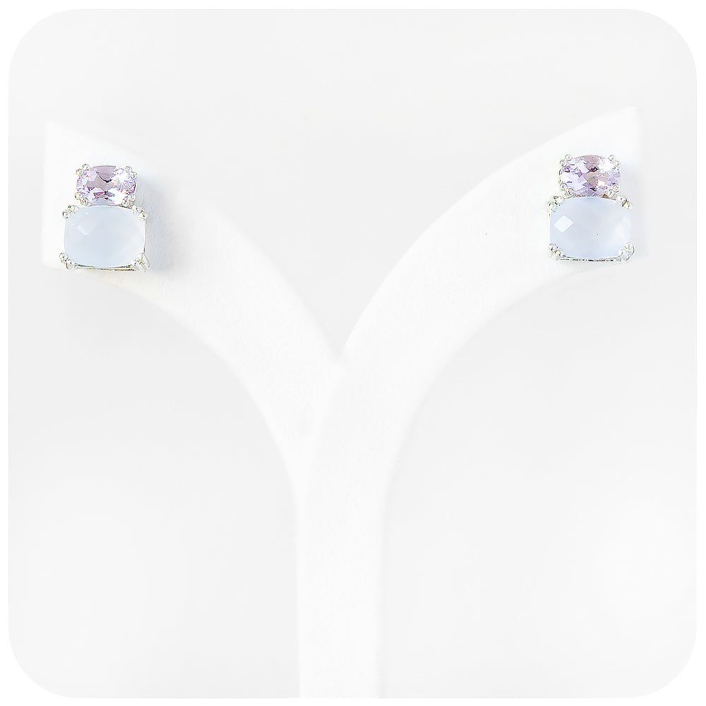 pink amethyst and chalcedony stud earrings in sterling silver