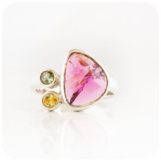 Pink, Green and Yellow Tourmaline Ring