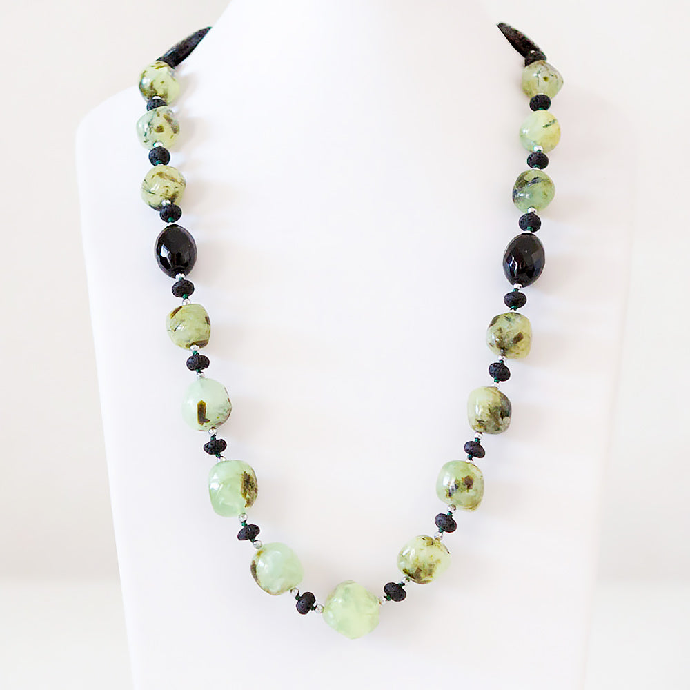 Prehnite, Onyx, Volcanic Rock and Hematite Detail Necklace - 70cm - Victoria's Jewellery