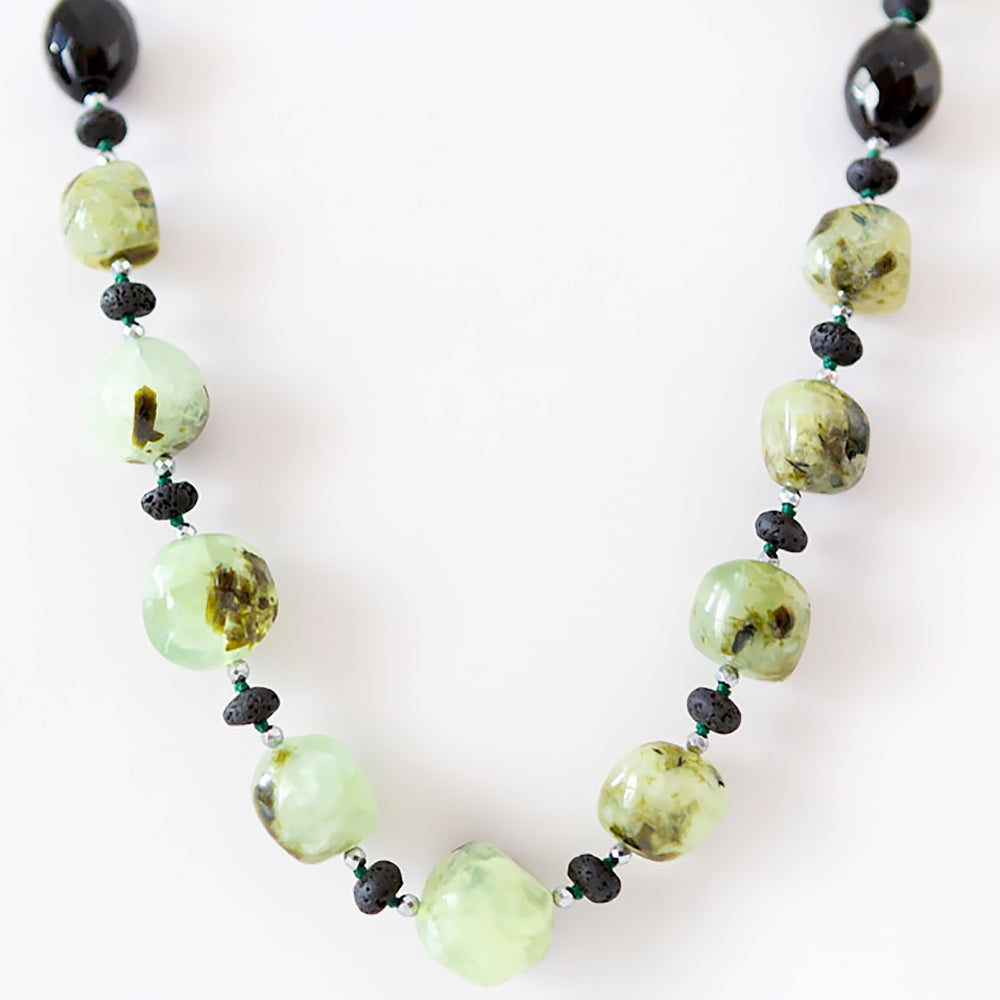 Prehnite, Onyx, Volcanic Rock and Hematite Detail Necklace - 70cm - Victoria's Jewellery