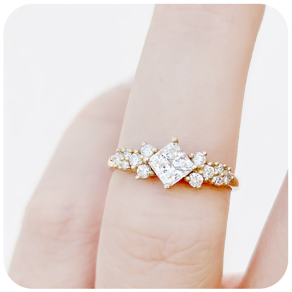 Princess cut Diamond Cluster Engagement Ring in Yellow Gold - Victoria's Jewellery