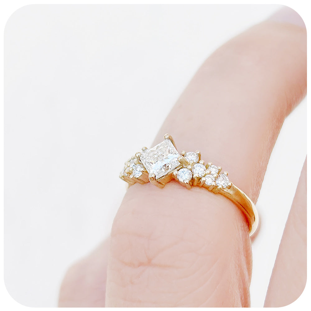 Princess cut Diamond Cluster Engagement Ring in Yellow Gold - Victoria's Jewellery