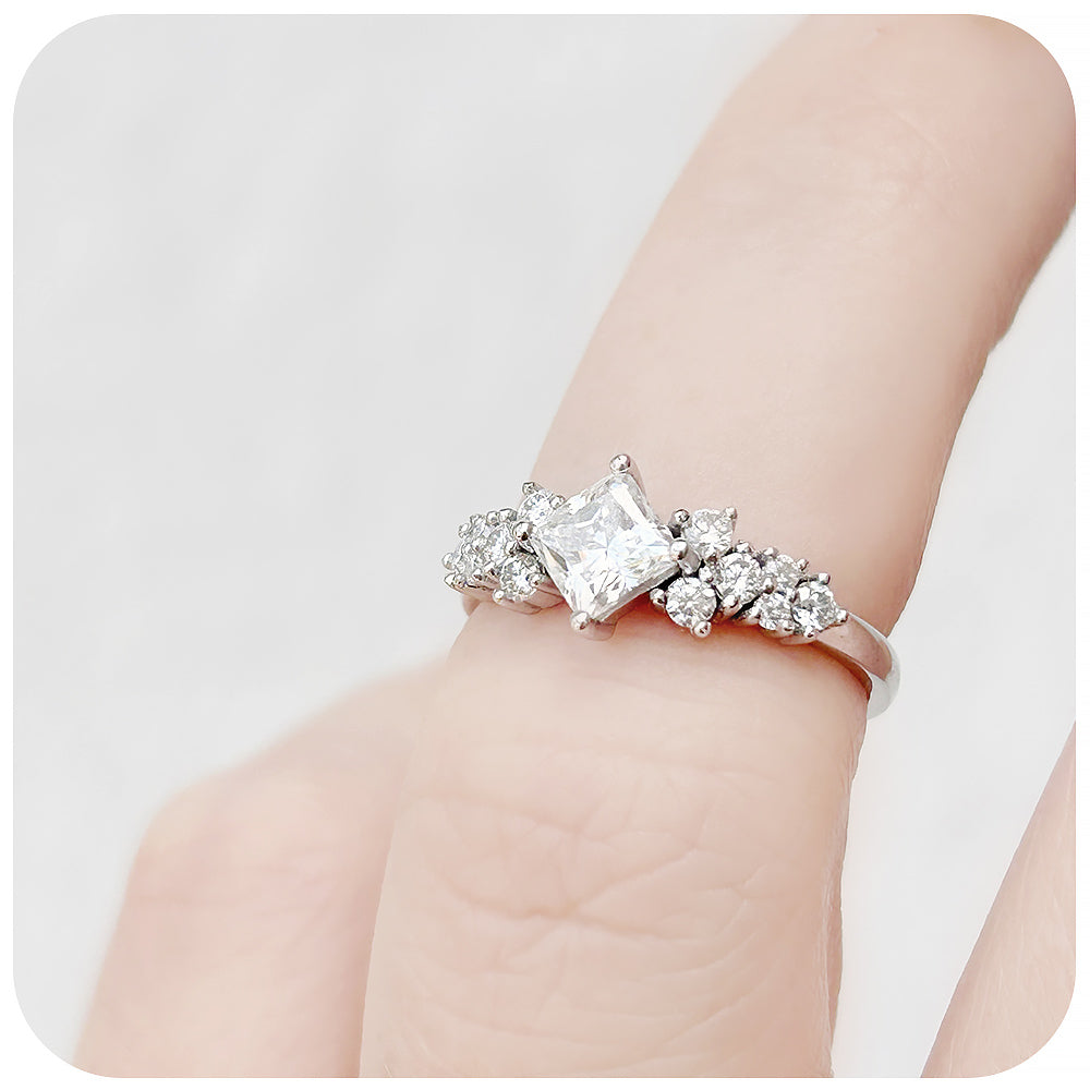 Princess cut Diamond Cluster Engagement Ring in White Gold - Victoria's Jewellery