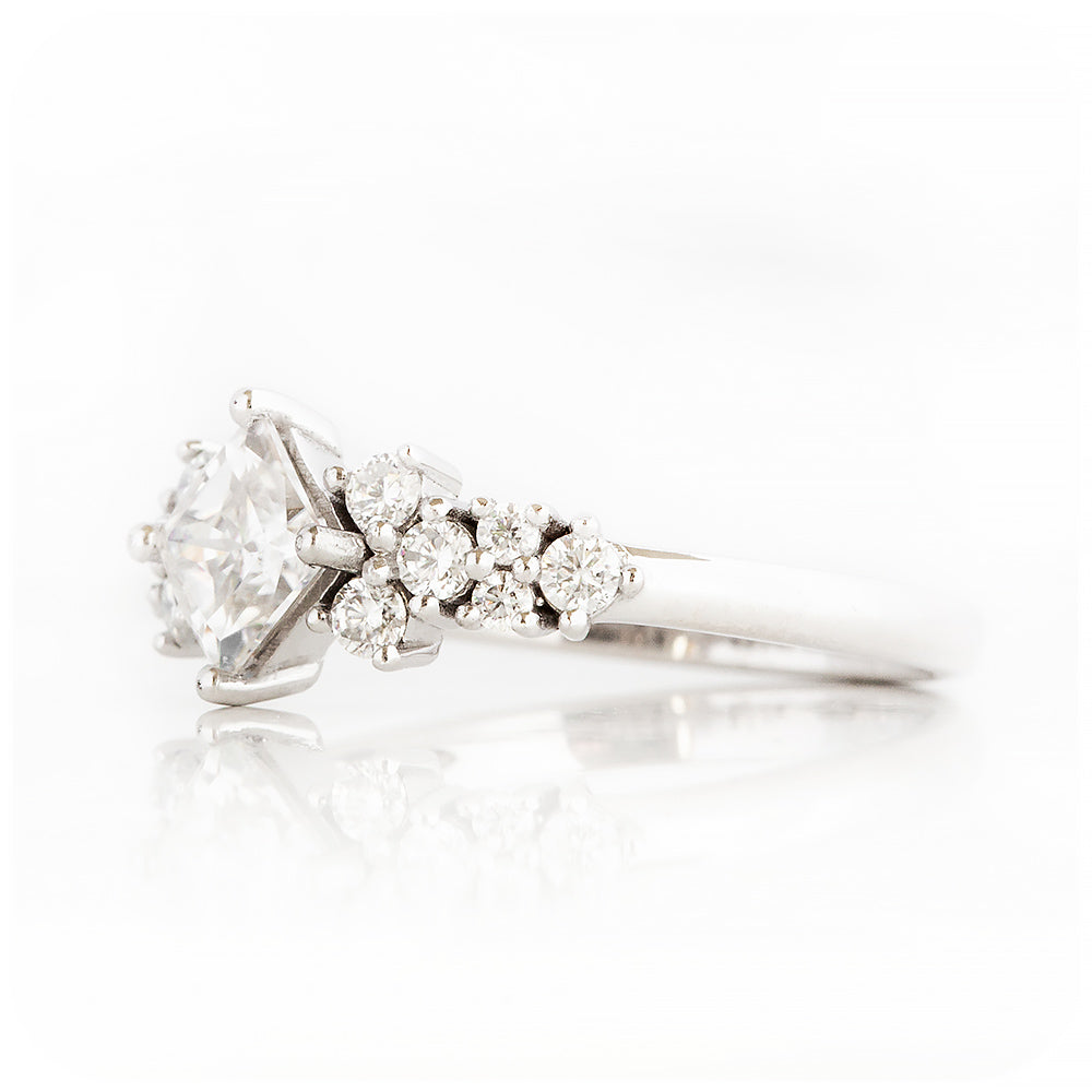 Princess cut Moissanite Scatter Engagement Ring in White Gold - Victoria's Jewellery