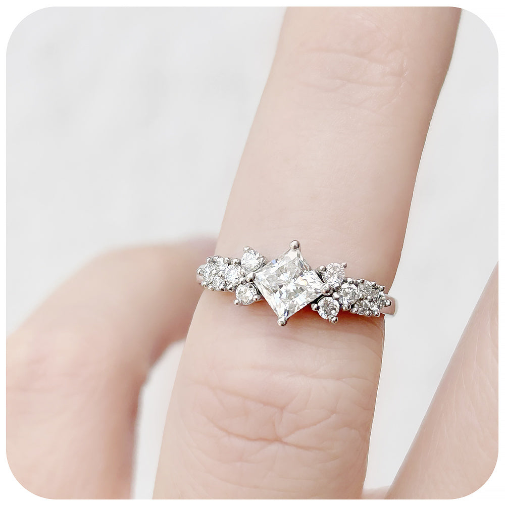 Princess cut Moissanite Scatter Engagement Ring in White Gold - Victoria's Jewellery