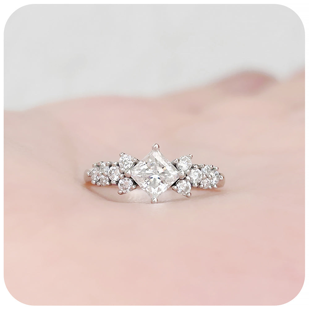 Princess cut Moissanite Scatter Engagement Ring in White Gold - Victoria's Jewellery