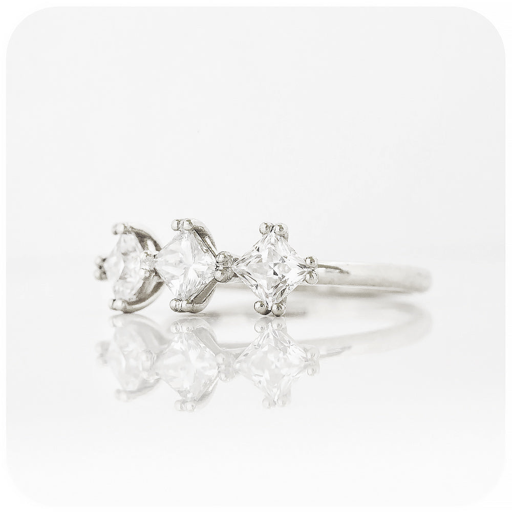 Princess cut Moissanite Trilogy Engagement Ring - Victoria's Jewellery