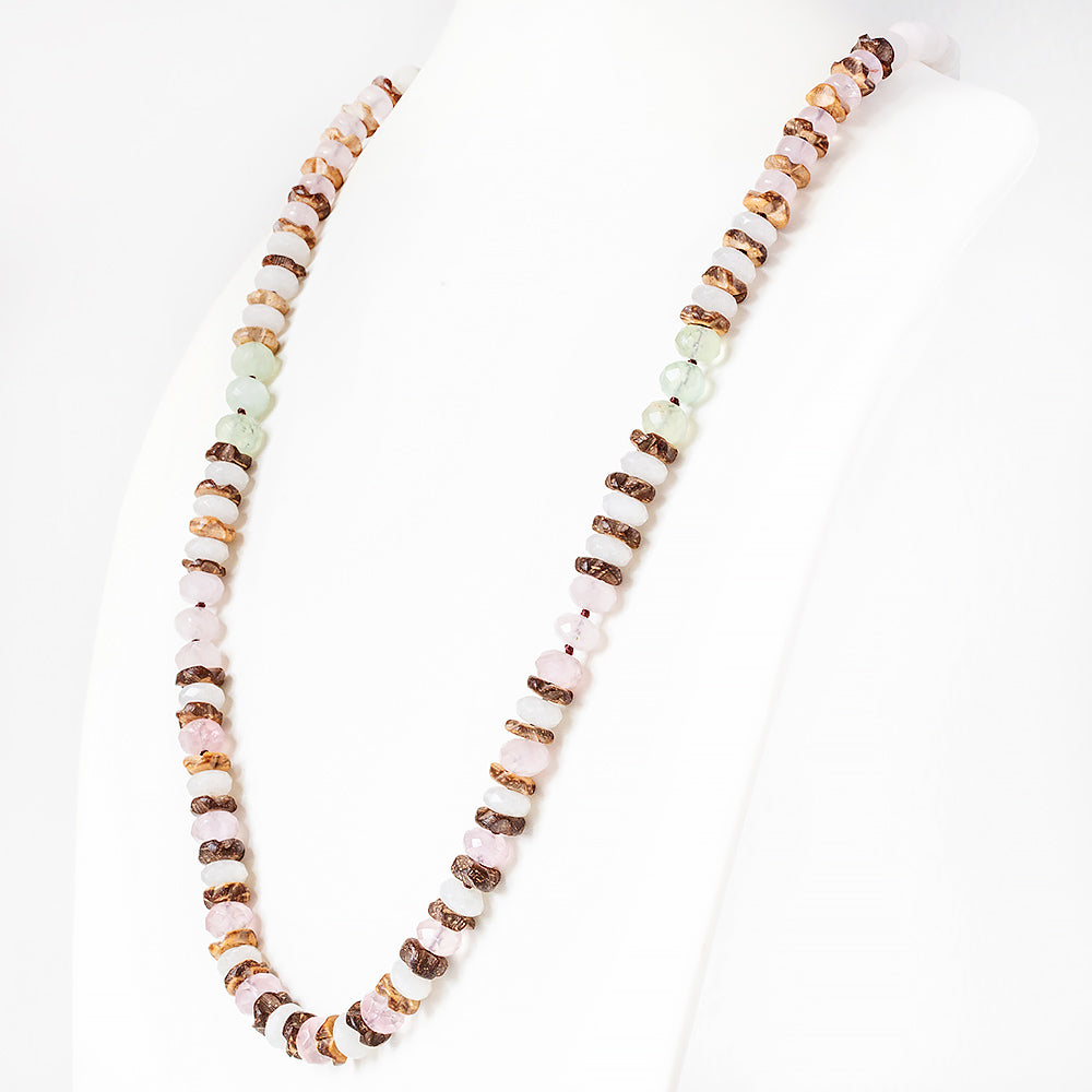 Rose Quartz, Prehnite, Agate and Wood Necklace
