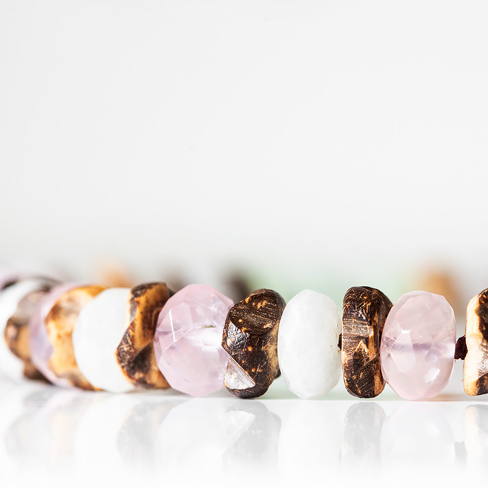 Rose Quartz, Prehnite, Agate and Wood Necklace