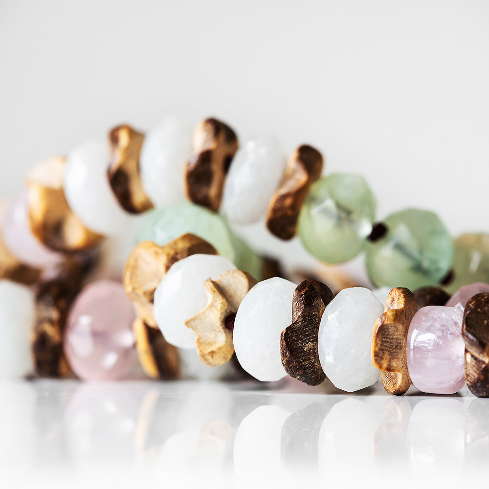 Rose Quartz, Prehnite, Agate and Wood Necklace