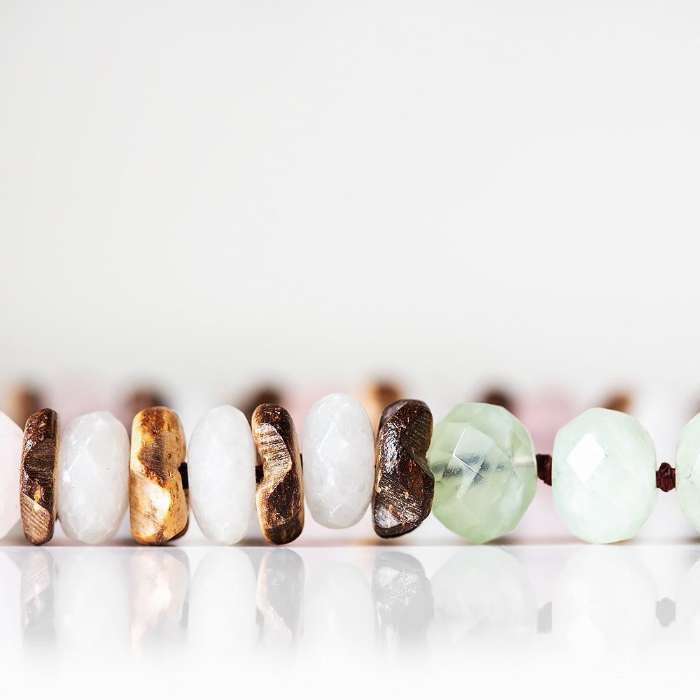 Rose Quartz, Prehnite, Agate and Wood Necklace