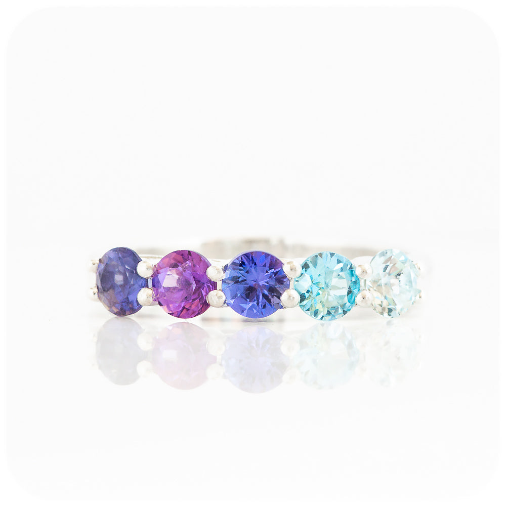 Blue Topaz, Amethyst and Tanzanite Trellis Anniversary Ring - Victoria's Jewellery