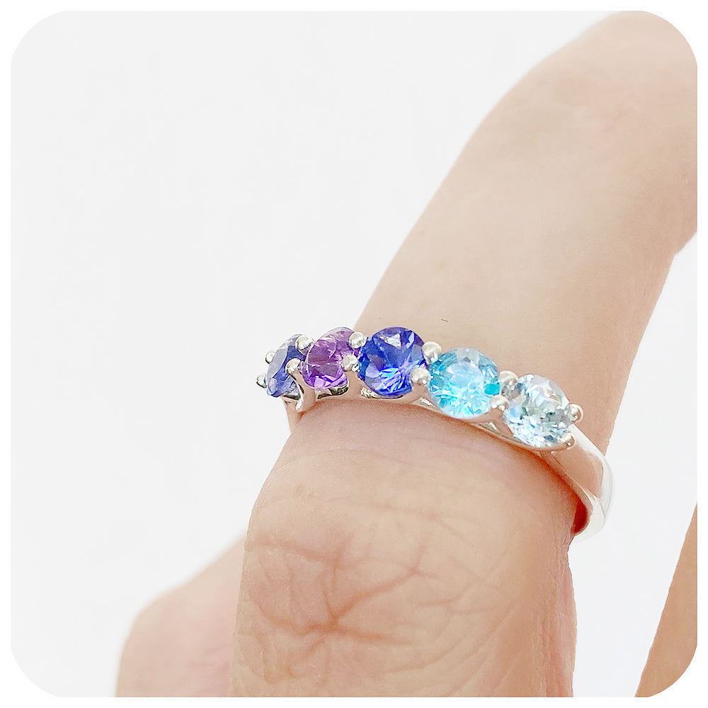 Blue Topaz, Amethyst and Tanzanite Trellis Anniversary Ring - Victoria's Jewellery