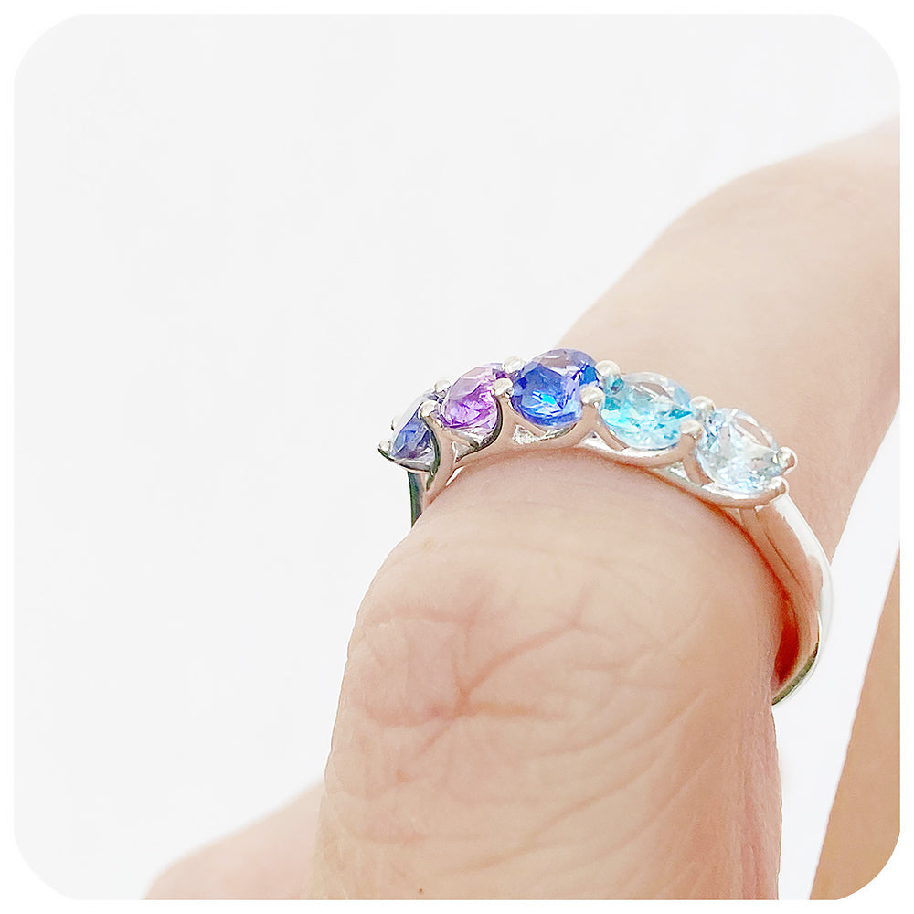 Blue Topaz, Amethyst and Tanzanite Trellis Anniversary Ring - Victoria's Jewellery