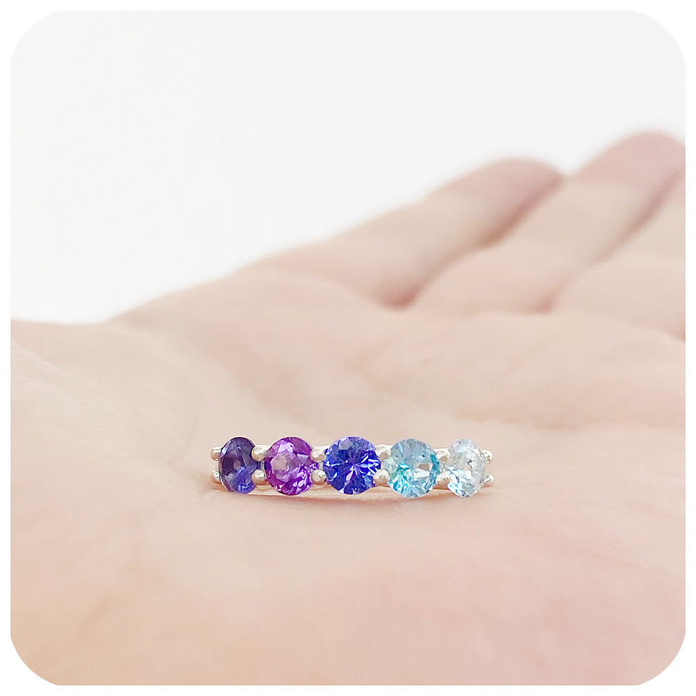 Blue Topaz, Amethyst and Tanzanite Trellis Anniversary Ring - Victoria's Jewellery