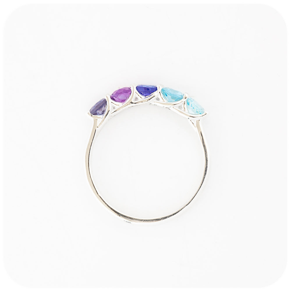 Blue Topaz, Amethyst and Tanzanite Trellis Anniversary Ring - Victoria's Jewellery