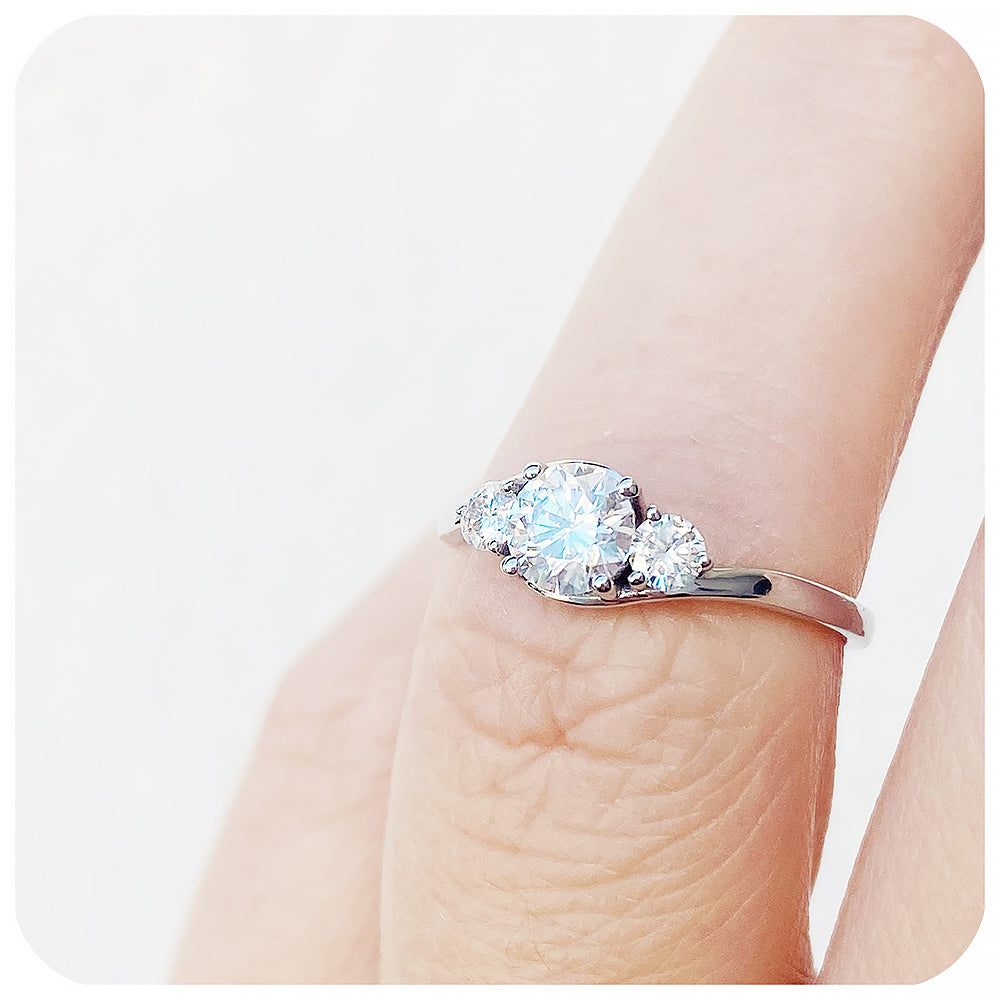 Brilliant Round cut Moissanite Trilogy Style Engagement Wedding Ring - Victoria's Jewellery