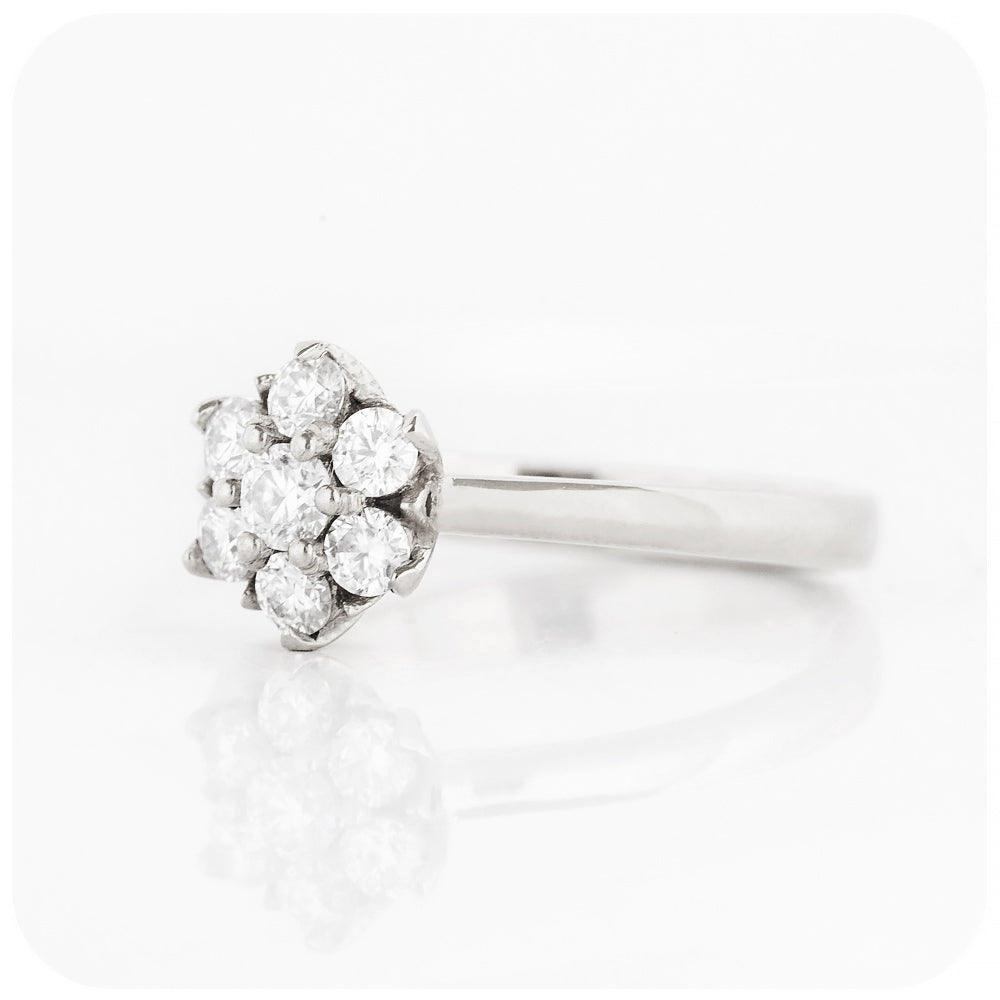 Round Brilliant cut Moissanite Flower Cluster Engagement Ring in White Gold - Victoria's Jewellery