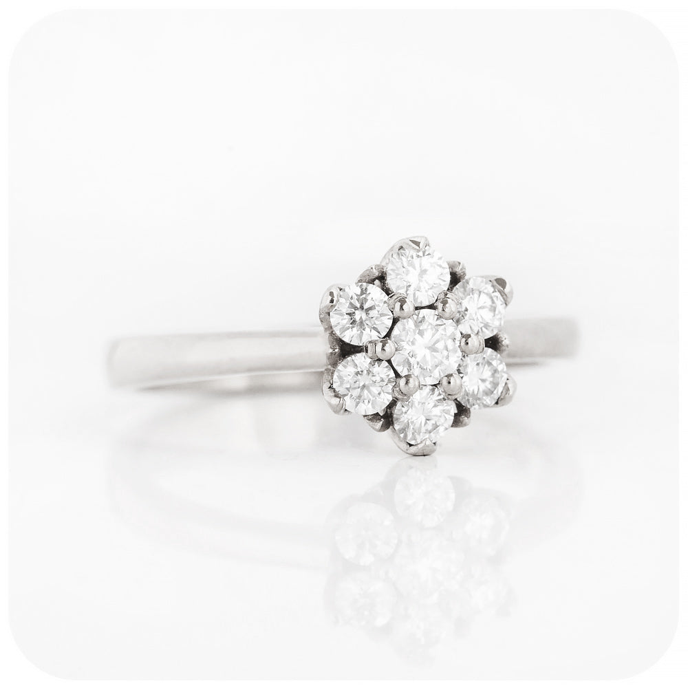 Round Brilliant cut Moissanite Flower Cluster Engagement Ring in White Gold - Victoria's Jewellery