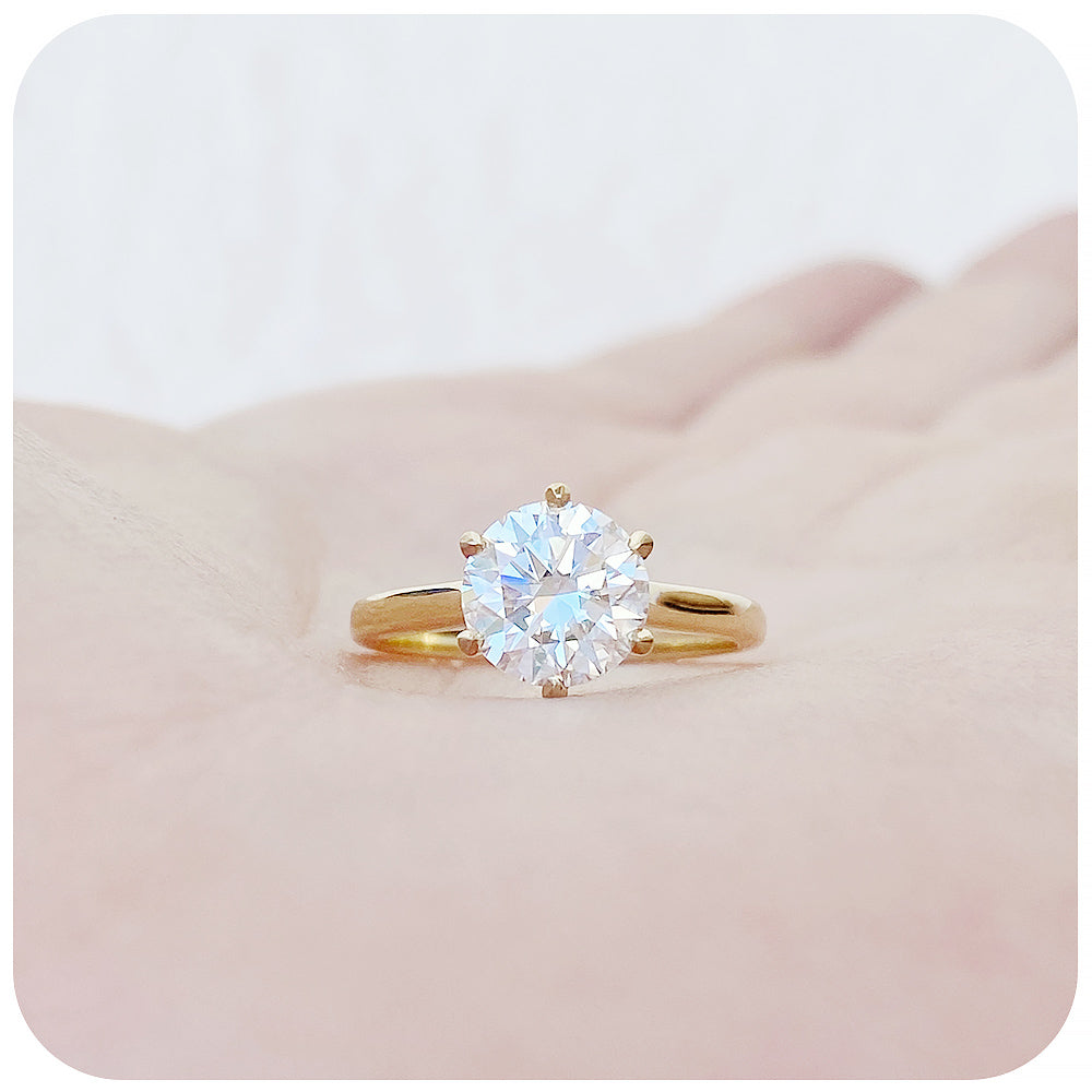 Brilliant round cut Moissanite six claw Solitaire Engagement Ring in gold - Victoria's Jewellery