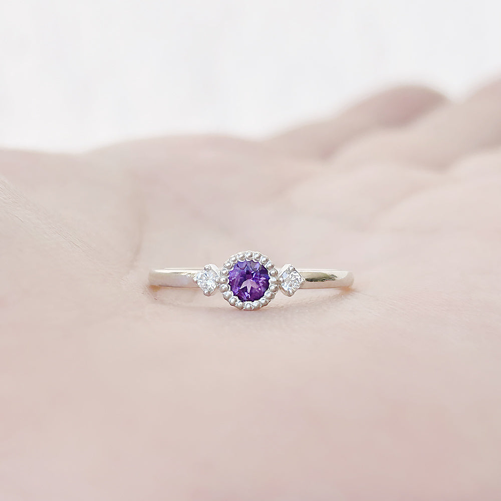 Round cut Amethyst and Lab Diamond Trilogy Promise Ring - Victoria's Jewellery