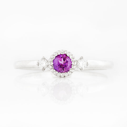 Round cut Amethyst and Lab Diamond Trilogy Promise Ring - Victoria's Jewellery