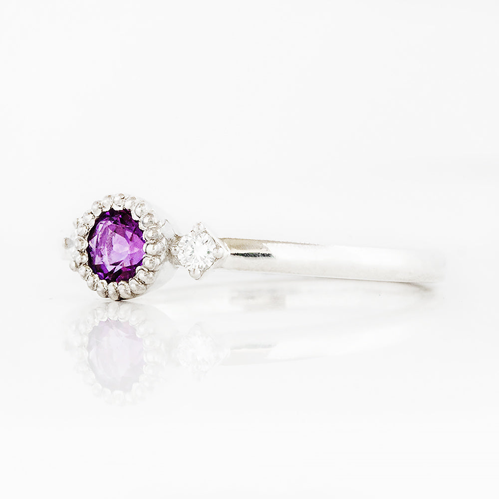 Round cut Amethyst and Lab Diamond Trilogy Promise Ring - Victoria's Jewellery