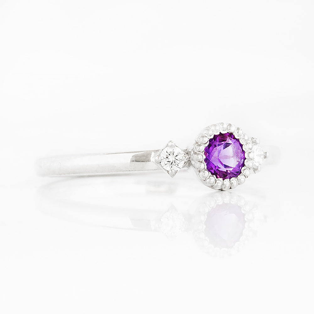 Round cut Amethyst and Lab Diamond Trilogy Promise Ring - Victoria's Jewellery