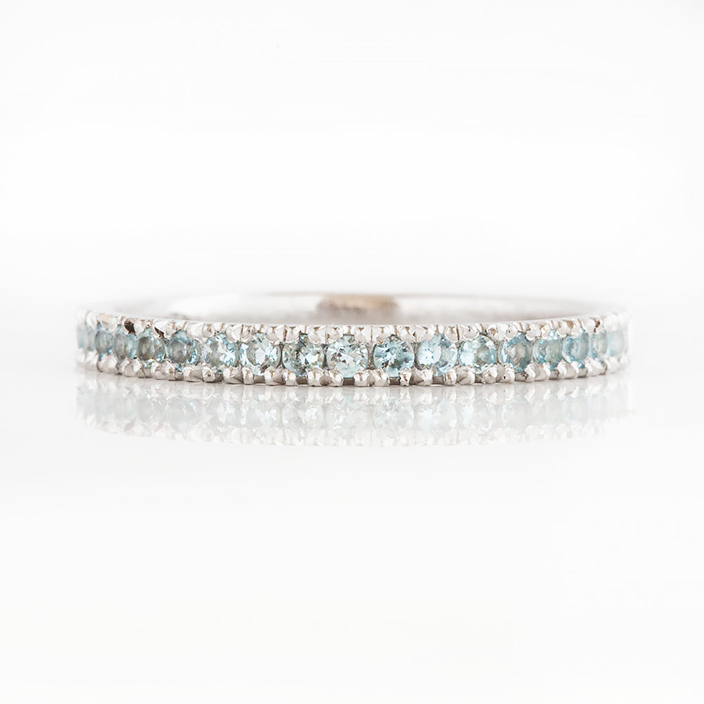 Round cut Aquamarine half eternity wedding band ring in White Gold - Victoria's Jewellery