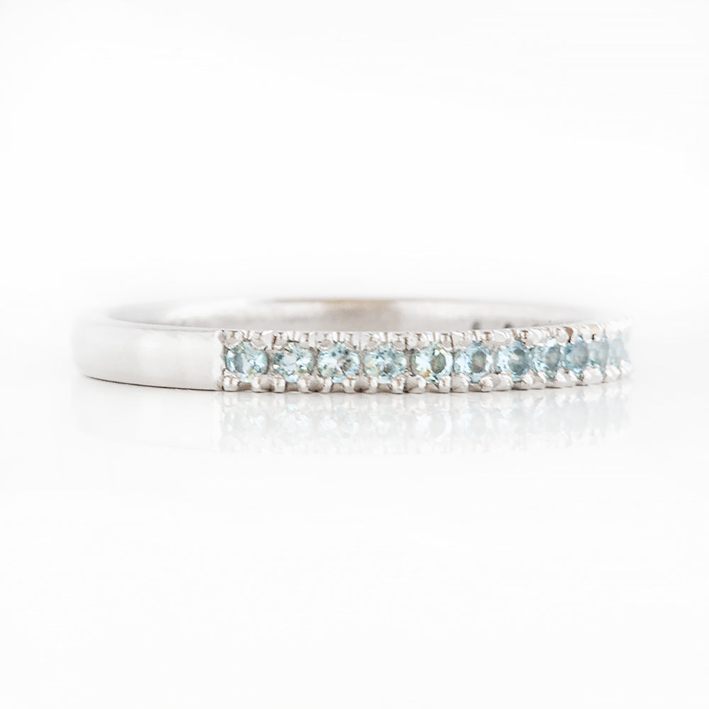 Round cut Aquamarine half eternity wedding band ring in White Gold - Victoria's Jewellery