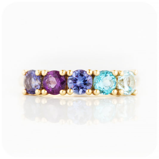 Blue Topaz Rainbow style round cut half eternity ring with tanzanite, amethyst and topaz - Victoria's Jewellery
