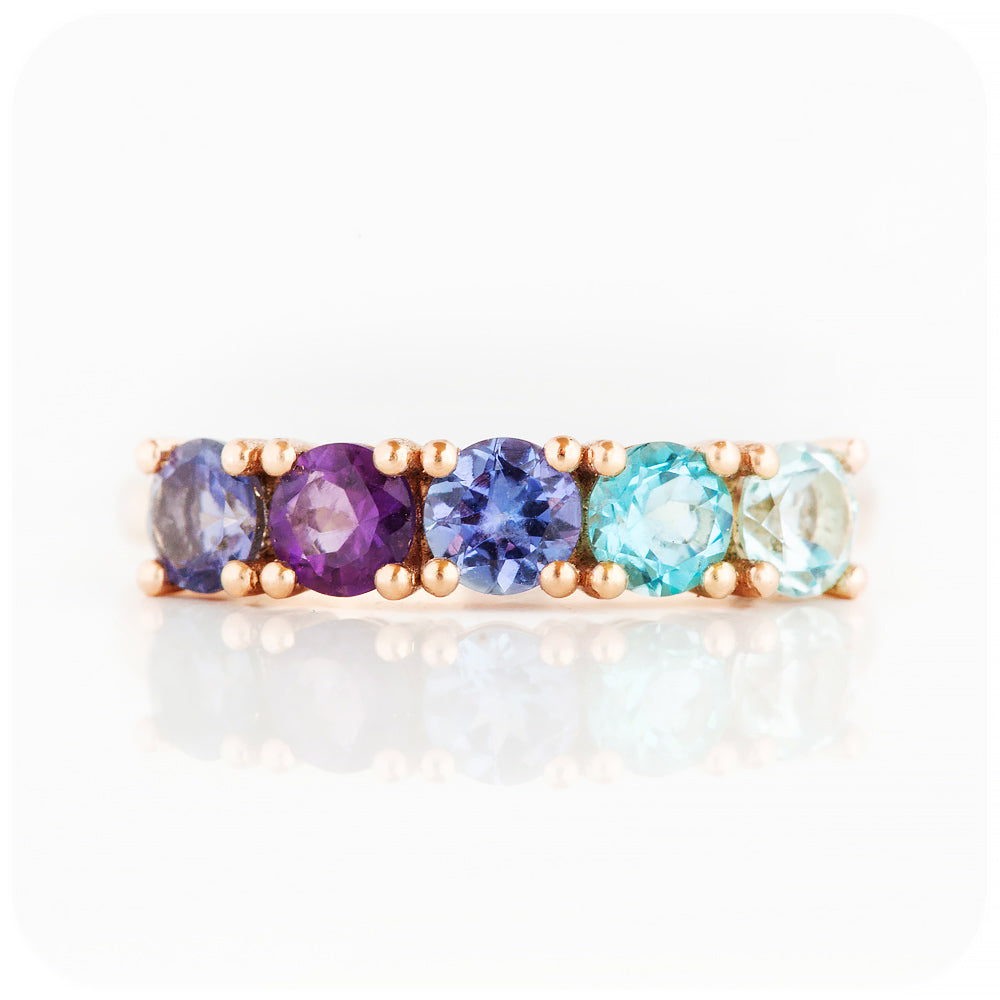 Blue Topaz Rainbow style round cut half eternity ring with tanzanite, amethyst and topaz - Victoria's Jewellery