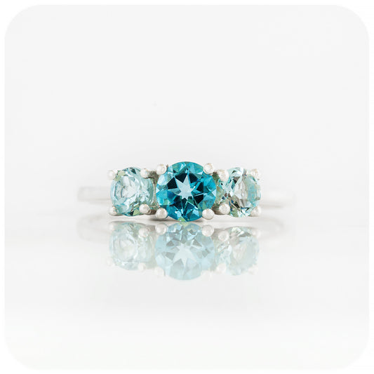 Round cut Swiss and Sky Blue Topaz Trilogy Ring - Victoria's Jewellery