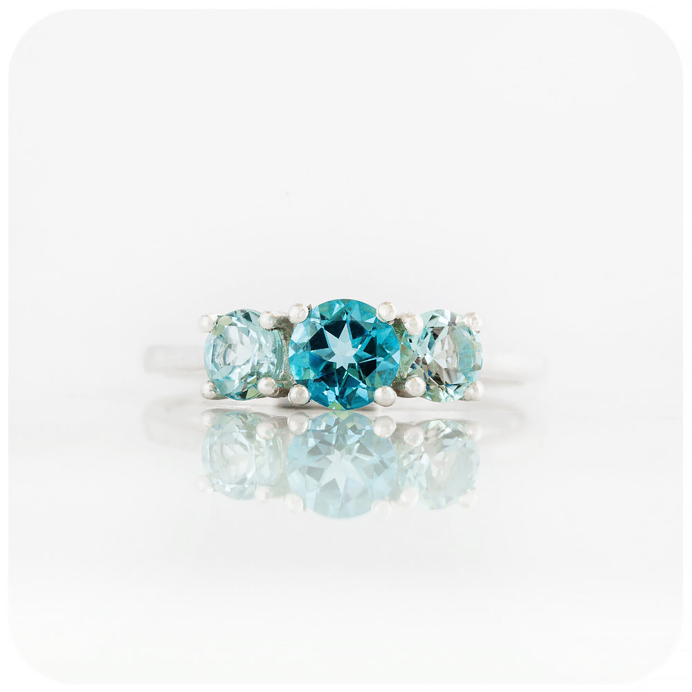 Round cut Swiss and Sky Blue Topaz Trilogy Ring - Victoria's Jewellery