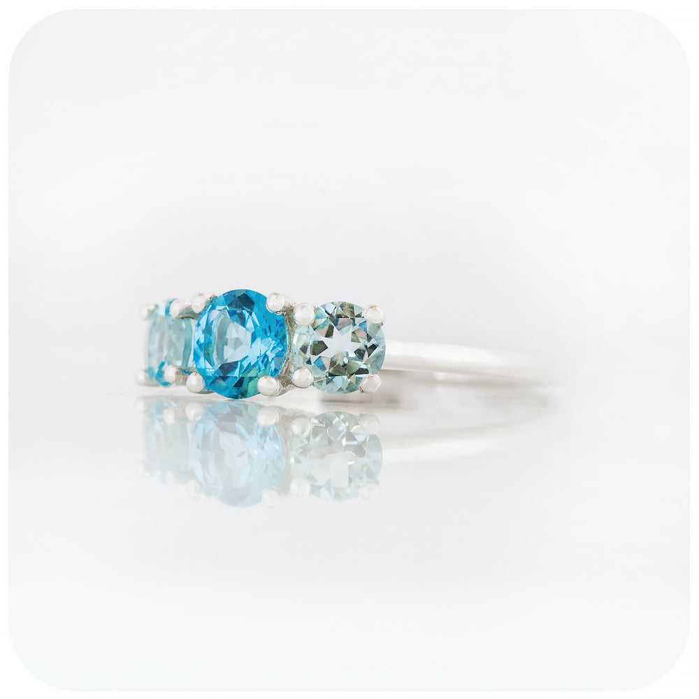 Round cut Swiss and Sky Blue Topaz Trilogy Ring - Victoria's Jewellery