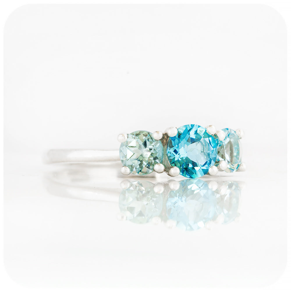 Round cut Swiss and Sky Blue Topaz Trilogy Ring - Victoria's Jewellery