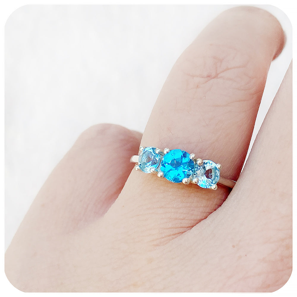 Round cut Swiss and Sky Blue Topaz Trilogy Ring - Victoria's Jewellery