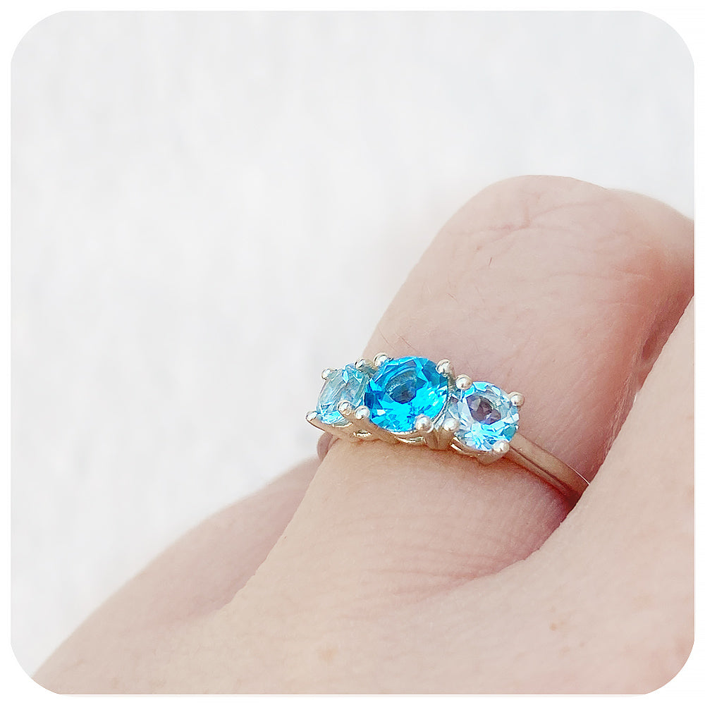 Round cut Swiss and Sky Blue Topaz Trilogy Ring - Victoria's Jewellery