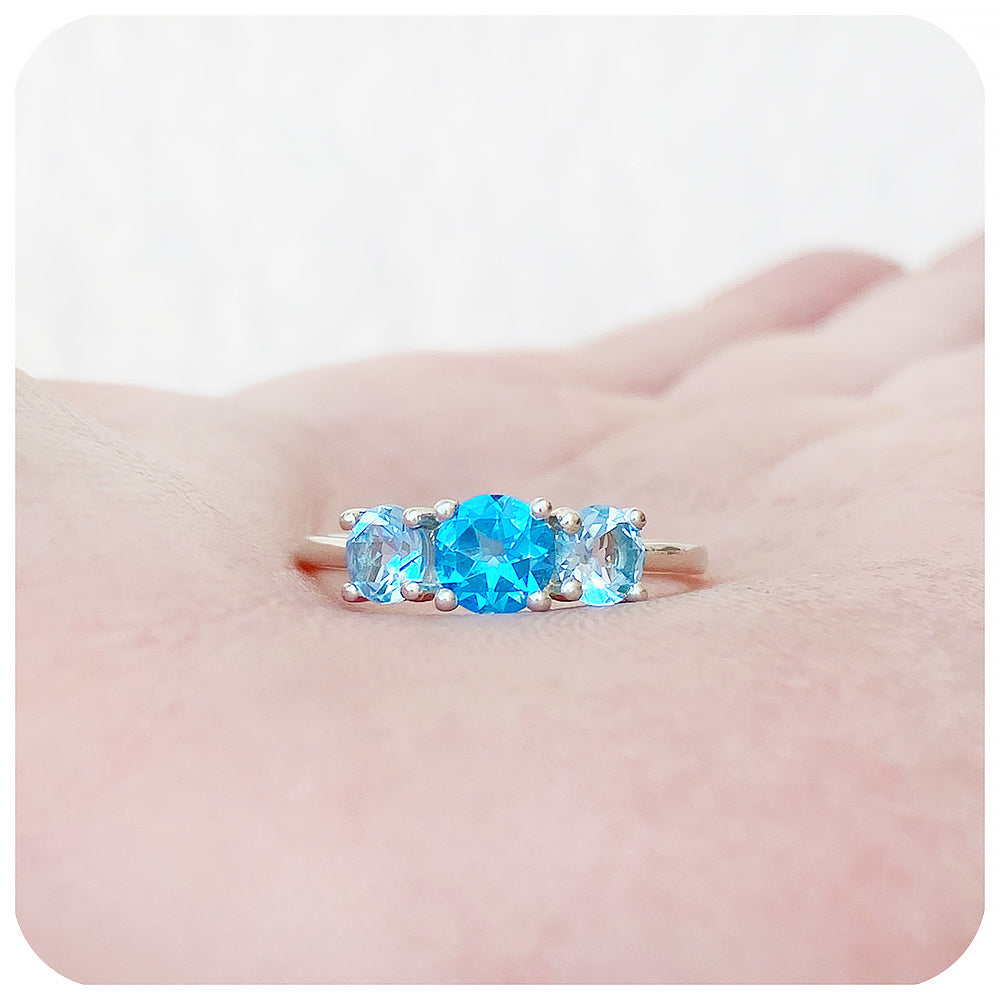 Round cut Swiss and Sky Blue Topaz Trilogy Ring - Victoria's Jewellery