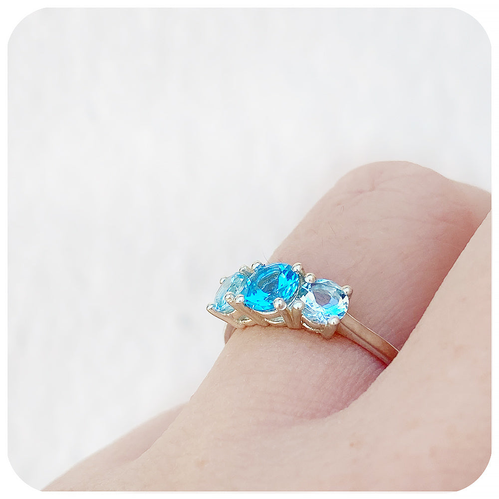 Round cut Swiss and Sky Blue Topaz Trilogy Ring - Victoria's Jewellery